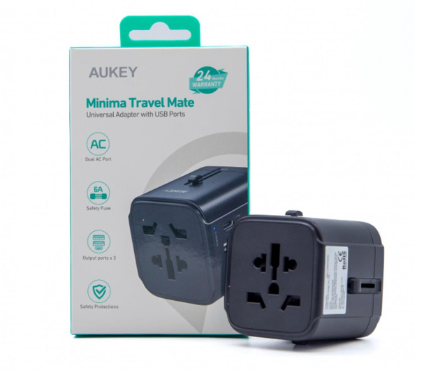 AUKEY PA-TA01 Black uniwersalny podróżny adapter sieciowy 2xUSB+1xUSB C | 7.8A | pasuje w 150 krajach - 1220043 - zdjęcie 2
